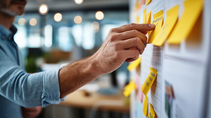 side angle of hands placing neutral prototypes onto a grid board sticky notes nearby studio zone defocused cool daylight top strip free product concept pro