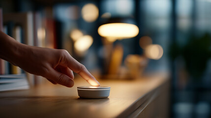 macro of a finger toggling a brandless smart switch on a desk lamp bookshelf defocused soft warm glow open area for CTA lighting smart switch defocused she