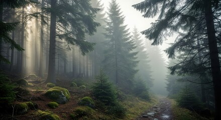 Fototapeta premium Enchanting misty forest with sun rays shining through the trees beautiful nature scene