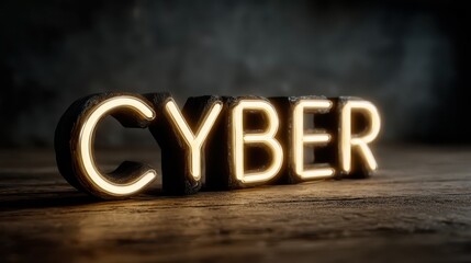 Illuminated Cyber Sign on Rustic Wood Background Reflecting Modern Technology Vibes with Neon Glow and Dark Atmosphere for Digital Era