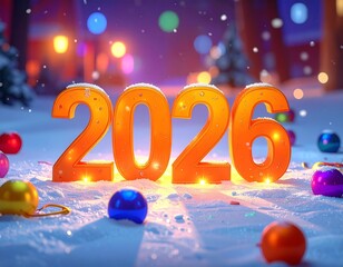 Żółty napis 2026 na śniegu, obok kolorowe bombki. Sylwestrowe tło © Monika