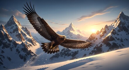 Fototapeta premium Golden eagle soars over snowcovered mountains at sunset, its wings spread wide against the clear blue sky