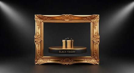 Gift box in a golden ornate frame, spotlighted on a dark background, luxury concept