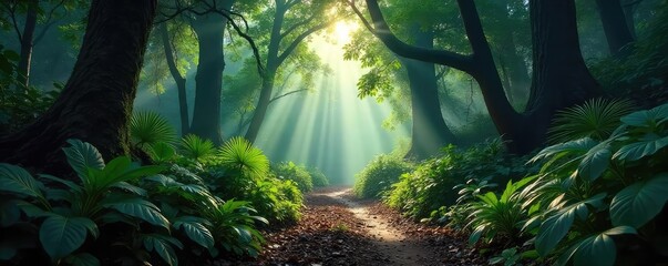 Deep shadows shroud the rainforest floor, lush vegetation obscures the path ahead, sunlight barely penetrates the dense canopy, creating an atmosphere of mystery and intrigue , jungle, rainforest