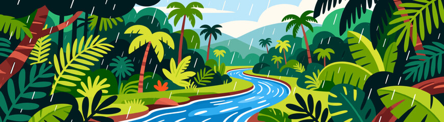 Obraz premium Tropical rainforest landscape with river in vector style