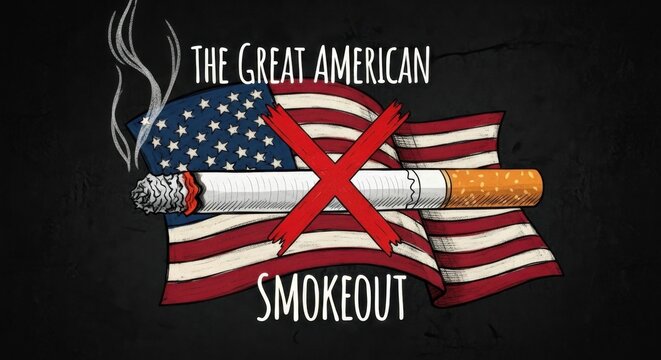 Illustration of the Great American Smokeout event featuring a crossed-out cigarette over the United States flag. Symbol of quitting smoking, health awareness, and anti-tobacco movement