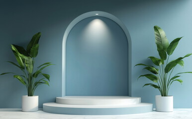 White Tiered Pedestal Between Potted Green Plants, Framed by a Lit Archway on a Soft Blue Background &ndash; For Product Presentation, Modern Aesthetic & Serene Stylish Backdrop Visual Concepts