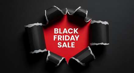 Black friday sale announcement with torn paper revealing red background