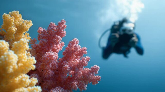 Professional diver capturing vibrant pink and yellow coral colonies, revealing intricate marine ecosystem details while documenting underwater biodiversity through precision underwater photography