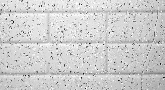 Clean White Subway Tile Texture Behind Wet Glass Surface
A clean, minimalist, black and white photograph showcasing a classic subway tile wall texture viewed through a layer of glass or plastic covere