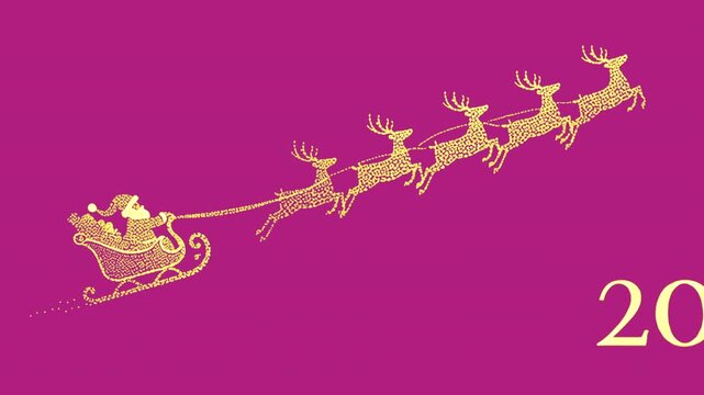 Adorable fondo de dibujos animados  en movimiendo de Santa Claus en trineo dorado tirado por renos sobre un fondo de cielo rosa con numero dorado 2026