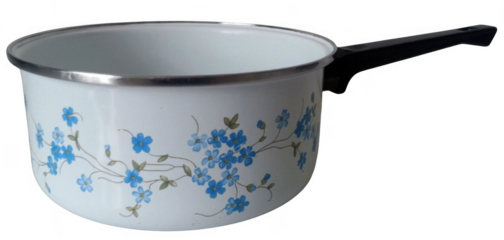 White Enamel Saucepan with Blue Floral Design and Black Handle.