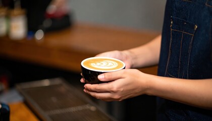 A person holding a cup of coffee with latte art stands near a wooden counter in a cafe.