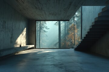 Minimalist concrete interior with stairwell and large forest view window at dusk and morning light