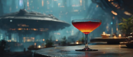 Futuristic Cocktail Glass in a Sci-Fi Landscape with Alien Spaceship and Neon Lights, Evoking a Sense of Wonder and Adventure in a Dystopian Setting