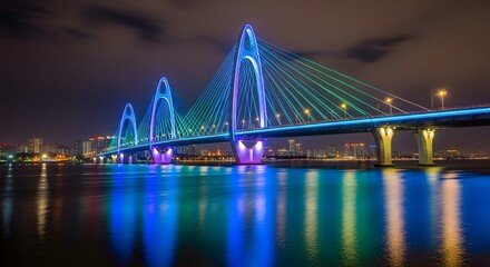 Obraz premium Illuminated bridge at night with colorful lights reflecting in the water, creating a vibrant scene