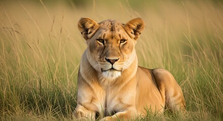 Obraz premium Lioness resting in the tall grass, gazing directly at the camera with a serene expression
