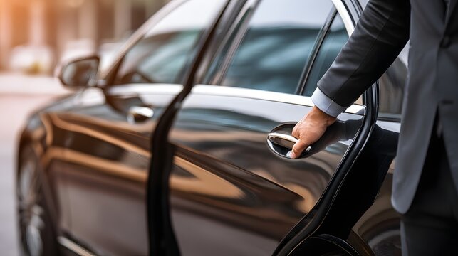 driver opening car door for arriving passenger professional look