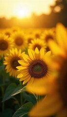 Obraz premium Golden hour sunlight bathes a field of ripe sunflowers, their petals a vibrant, cheerful yellow Perfect for summer, harvest, and nature themes A stunning display of natural beauty , petal, light