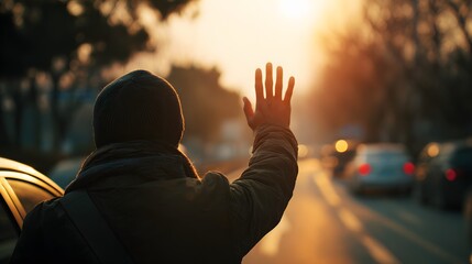 driver waving hand to arriving passengers warm tone