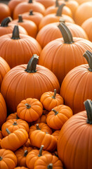 Obraz premium Many orange pumpkins with vertical ridges, various sizes, with brown stem, representative of Autumn harvest, Thanksgiving, or Halloween decoration