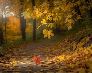 Golden autumn path bathed in soft sunlight fallen leaves carpeting the forest floor creating a serene and picturesque natural scene