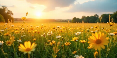 Fototapeta premium Golden hour sunlight bathes a vast, idyllic summer field, wildflowers swaying gently in the breeze Perfect for pastoral, rustic, or nature-themed projects , ecology, rural