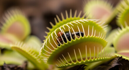 Venus Flytrap Capturing Insect Close Up Macro Shot.