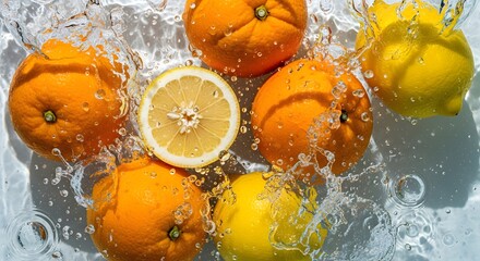 Fresh citrus fruits splashing in water, oranges and lemons creating a refreshing and vibrant scene