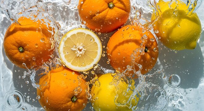 Fresh citrus fruits splashing in water, oranges and lemons creating a refreshing and vibrant scene - Powered by Adobe