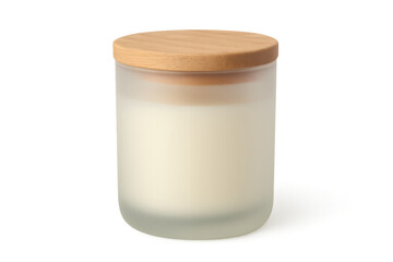 White scented candle in frosted glass jar with wood lid