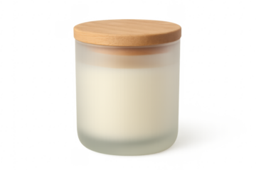 White scented candle in frosted glass jar with wood lid