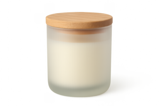 White scented candle in frosted glass jar with wood lid