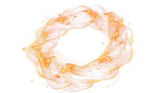 A 3D Christmas wreath made of glowing red and gold light trails, forming intricate festive patterns. Dynamic and abstract, isolated on a dark background.