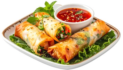 Appetizing spring rolls with dipping sauce on a square plate