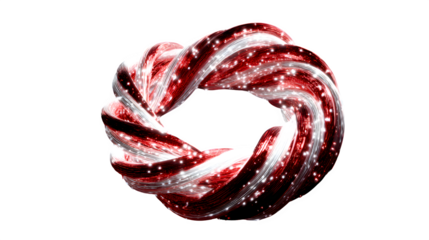 A 3D Christmas wreath made of glowing, intertwined red and white light trails, like candy cane stripes. Dynamic and abstract, isolated on a dark background.