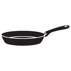 Simple black silhouette of a frying pan on a white background Simple outline drawing of a frying pan with handle
