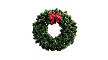 A 3D Christmas wreath made of photorealistic pine branches, decorated with tiny candy canes and a classic red bow. Flawless digital render, centered, isolated on white background.