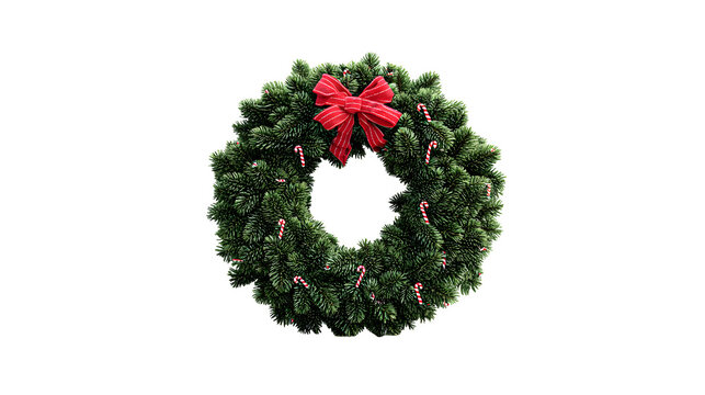 A 3D Christmas wreath made of photorealistic pine branches, decorated with tiny candy canes and a classic red bow. Flawless digital render, centered, isolated on white background.