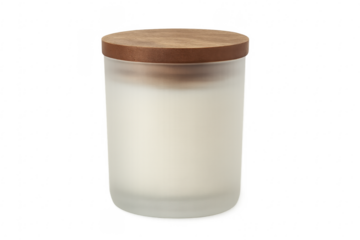 White candle in frosted glass jar with wood lid