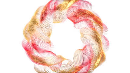 A 3D Christmas wreath made of glowing red and gold light trails, forming intricate festive patterns. Dynamic and abstract, isolated on a dark background.