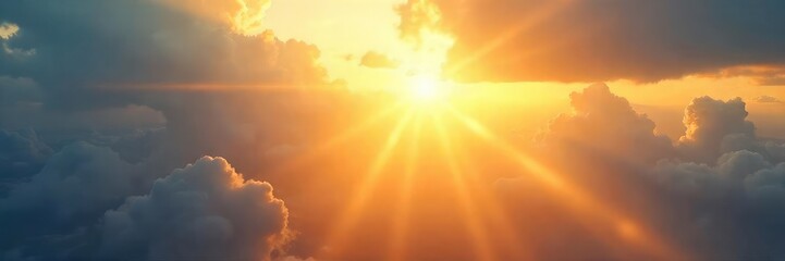 Obraz premium Golden sun rays piercing through the clouds, illuminating a bright, sunny day A breathtaking view of nature's radiant energy , orange, day