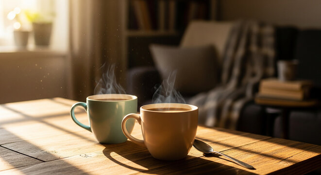 Cozy Coffee Moment: Two Steaming Mugs on a Sunny Table
A tranquil, inviting indoor scene featuring two steaming mugs of coffee or tea—one teal and one warm beige—sitting on a sun-drenched wooden table