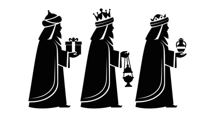 A classic vector silhouette design presents the Three Wise Men, known as the Magi, bearing symbolic gifts for the sacred Christmas story and Epiphany.
