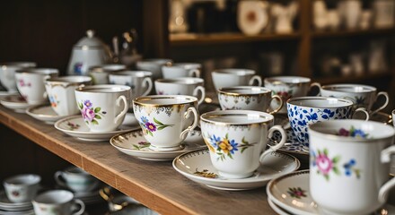 A collection of vintage teacups and saucers with floral designs displayed on a wooden shelf, with more teaware visible in the blurred background.