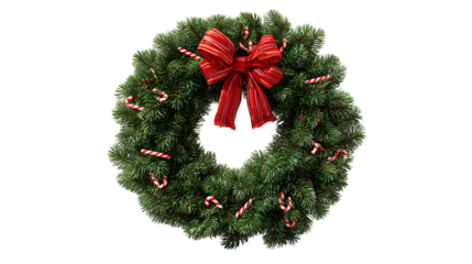 A 3D Christmas wreath made of photorealistic pine branches, decorated with tiny candy canes and a classic red bow. Flawless digital render, centered, isolated on white background.