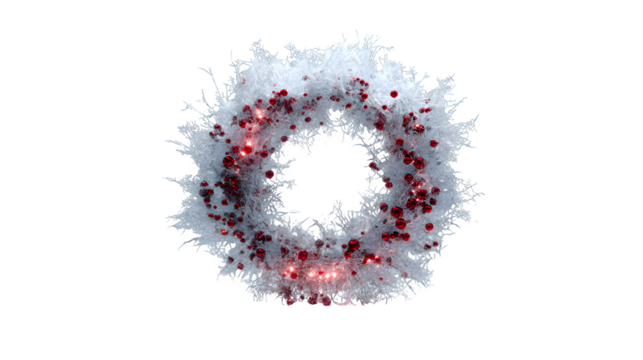 A 3D Christmas wreath that appears to be made of frosted ice, with glowing red berries embedded within. Ethereal and magical, isolated on white background. - Powered by Adobe