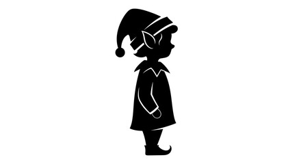 This charming black silhouette depicts a whimsical Christmas elf, standing in profile, embodying the festive spirit and magical joy of the holiday season.