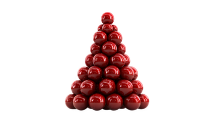 A 3D render of a Christmas tree made of stacked, polished red spheres, creating a striking abstract form. Modern art, vibrant, isolated on white background.