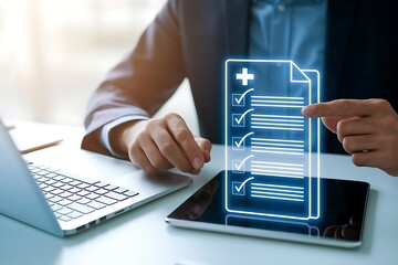 Doctor using online medical record system to check and update patient data. Smart healthcare concept for assessing treatment quality, patient care and hospital service evaluation.